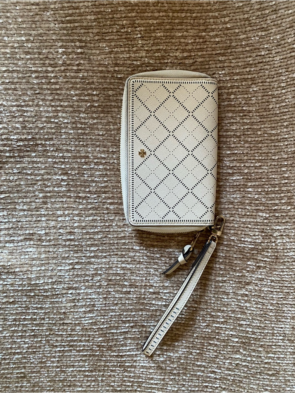 Tory Burch Perforated Cream Leather Wristlet Phone Case